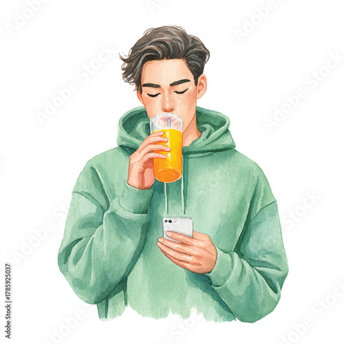 Young man in green hoodie enjoying a refreshing drink.