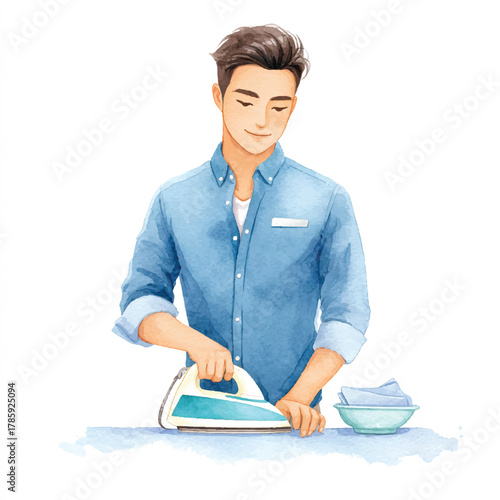 Young man ironing clothes with a focused expression.