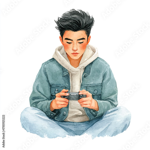Young man sitting cross-legged playing video games on his phone.