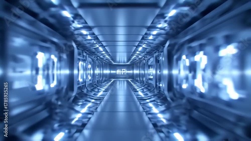 A futuristic, glowing blue tunnel.  Perspective view of a long, sleek passageway with reflective metal walls and panels.  Bright blue lights accentuate the interior architecture