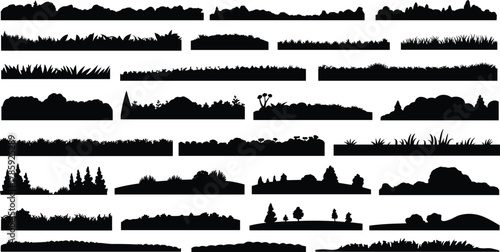 Landscape silhouette collection, black terrain shapes, nature profiles, forest outlines, vegetation graphics, mountain horizon, grassland, shrubbery, vector design elements, illustration set