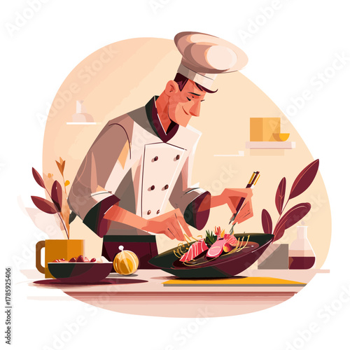 A chef plating a gourmet meal in a professional kitchen