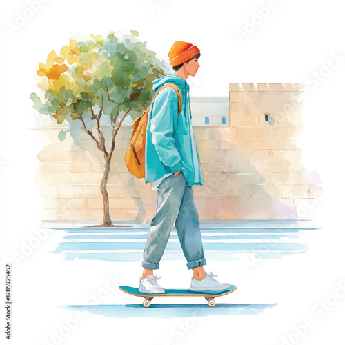 Young person skateboarding with casual style and focused expression.
