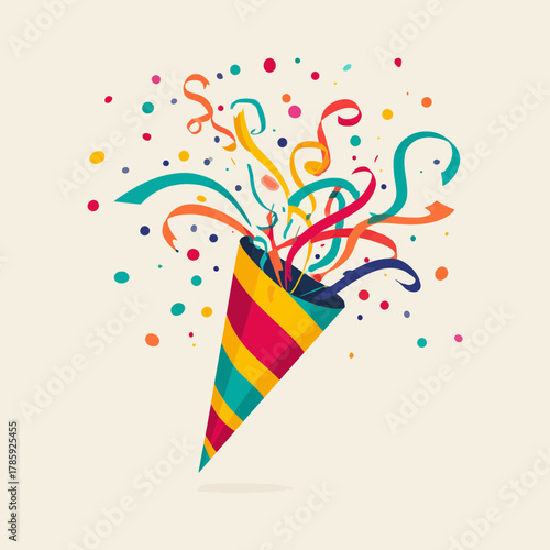 A colorful party popper with confetti explosion of joy