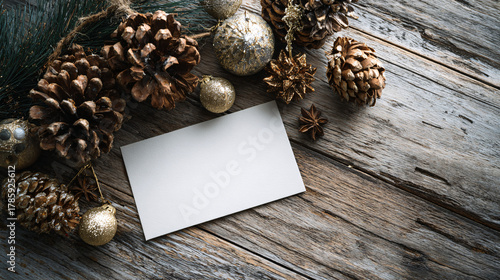 Blank Card Surrounded by Festive Decorations and Natural Elements
