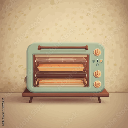 A flat illustration of a mini electric oven with food inside