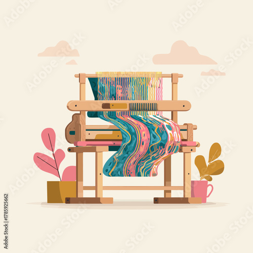 A flat style vector illustration of a weaving loom with artwork