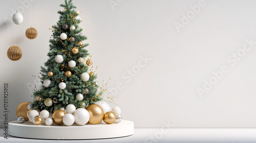 Elegant Christmas Tree with Gold and White Ornaments on Display