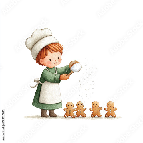 Young baker in chef hat preparing gingerbread cookies with flour.