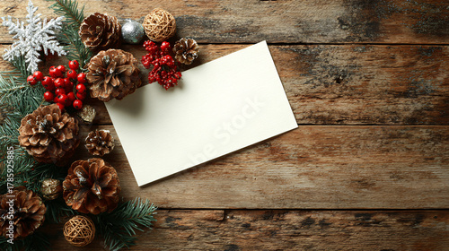 Festive Holiday Decorations with Pine Cones and Blank Card on Wood