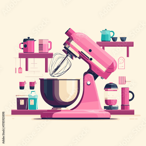 A pink kitchen mixer with ingredients for baking