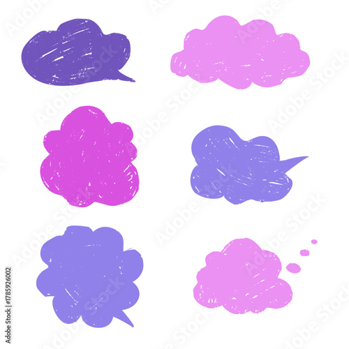 Playful crayon speech dialog text frames. Hand sketched Chalkboard box bubbles. Abstract chat Stickers and pencil clouds. Vector illustration