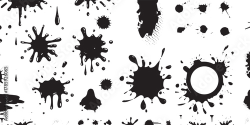 A striking pattern features an array of splattered ink shapes in stark black against a bright white backdrop, showcasing various sizes and textures for a dynamic graphic effect