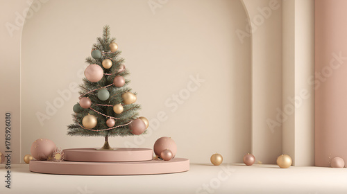 Elegant Christmas Tree with Pastel Ornaments in Minimalist Setting