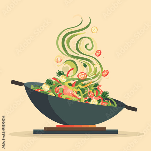 A wok filled with vegetables and steam rising from cooking