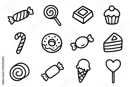 Candy and sweets collection icon set, doodle style. Vector Stock illustration