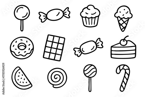Candy and sweets collection icon set, doodle style. Vector Stock illustration