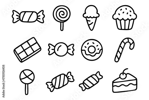 Candy and sweets collection icon set, doodle style. Vector Stock illustration