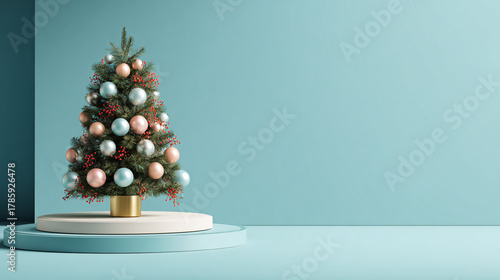 Christmas tree with ornaments in modern minimalist setting