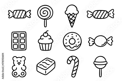 Candy and sweets collection icon set, doodle style. Vector Stock illustration