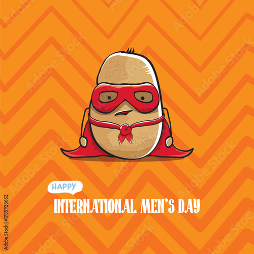 International mens day vector cartoon greeting card with funny cartoon cute brown super hero potato with red hero cape and mask on orange pattern background. Celebrating Men and Boys square banner