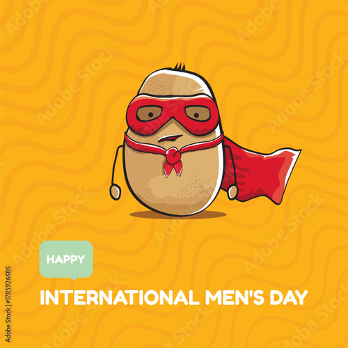 International mens day vector cartoon greeting card with funny cartoon cute brown super hero potato with red hero cape and mask on orange pattern background. Celebrating Men and Boys square banner