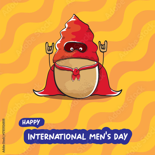 International mens day vector cartoon greeting card with funny cartoon cute brown super hero potato with red hero cape and mask on orange pattern background. Celebrating Men and Boys square banner