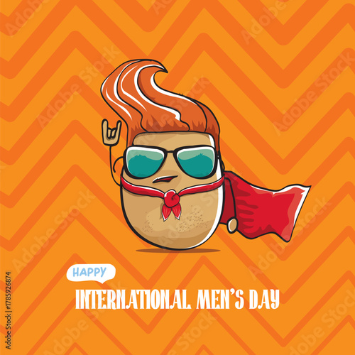 International mens day vector cartoon greeting card with funny cartoon cute brown super hero potato with red hero cape and mask on orange pattern background. Celebrating Men and Boys square banner