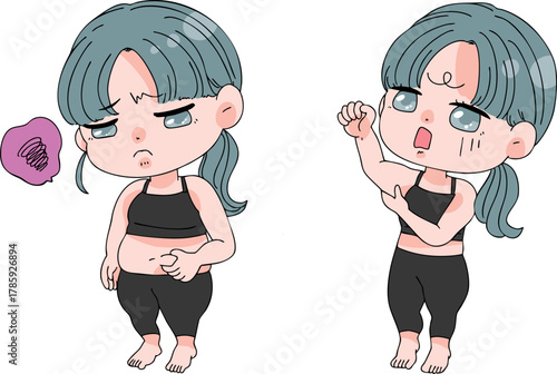 ダイエット中のお腹や二の腕のお肉が気になる女の子・ミニキャラ