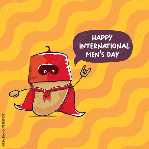 International mens day vector cartoon greeting card with funny cartoon cute brown super hero potato with red hero cape and mask on orange pattern background. Celebrating Men and Boys square banner