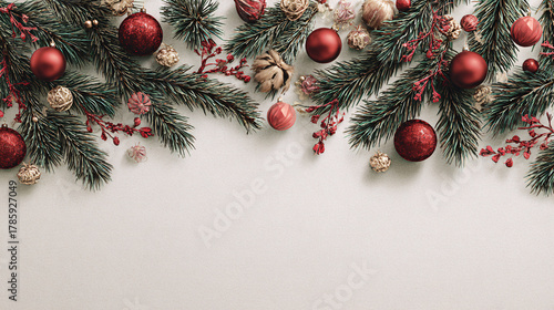Festive Christmas Decoration with Pine and Red Ornaments on White Background