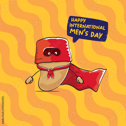 International mens day vector cartoon greeting card with funny cartoon cute brown super hero potato with red hero cape and mask on orange pattern background. Celebrating Men and Boys square banner
