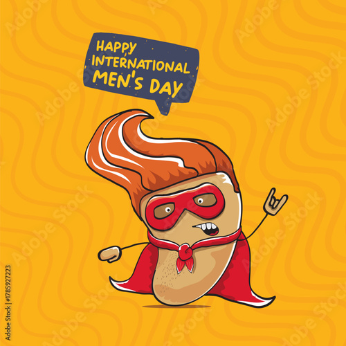 International mens day vector cartoon greeting card with funny cartoon cute brown super hero potato with red hero cape and mask on orange pattern background. Celebrating Men and Boys square banner