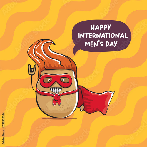 International mens day vector cartoon greeting card with funny cartoon cute brown super hero potato with red hero cape and mask on orange pattern background. Celebrating Men and Boys square banner