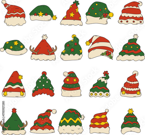 Christmas Santa Hat element set. Includes of costume, decoration, celebration, merry, and More. Vector flat color collection