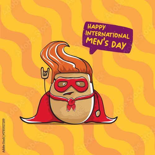 International mens day vector cartoon greeting card with funny cartoon cute brown super hero potato with red hero cape and mask on orange pattern background. Celebrating Men and Boys square banner