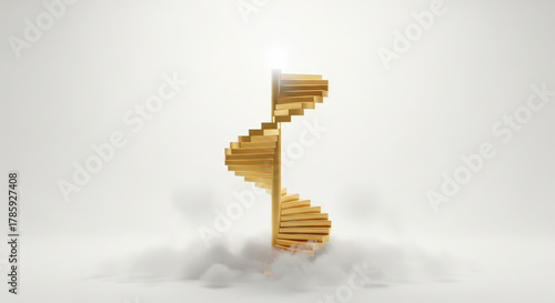 Abstract wooden spiral staircase design floating against bright white background