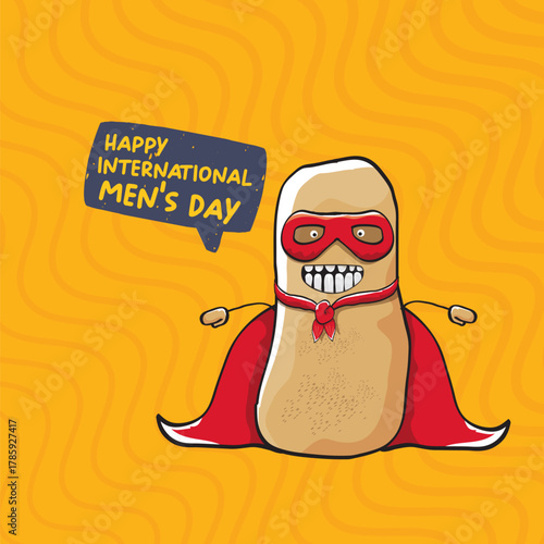International mens day vector cartoon greeting card with funny cartoon cute brown super hero potato with red hero cape and mask on orange pattern background. Celebrating Men and Boys square banner