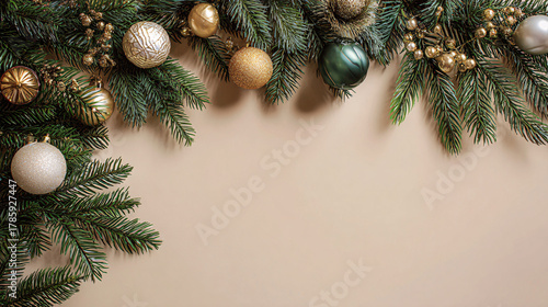 Elegant Christmas Decorations with Ornaments and Evergreen Foliage
