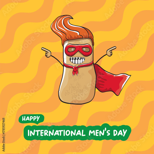 International mens day vector cartoon greeting card with funny cartoon cute brown super hero potato with red hero cape and mask on orange pattern background. Celebrating Men and Boys square banner