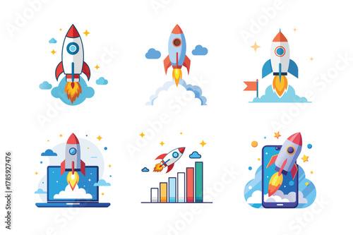 Set of Flat Design Rocket Launch Icons and Business Concepts
