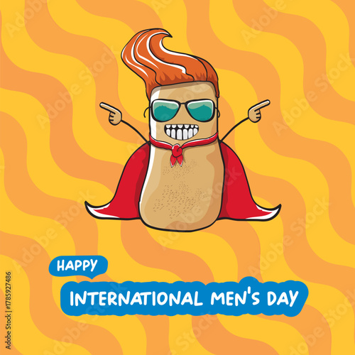 International mens day vector cartoon greeting card with funny cartoon cute brown super hero potato with red hero cape and mask on orange pattern background. Celebrating Men and Boys square banner
