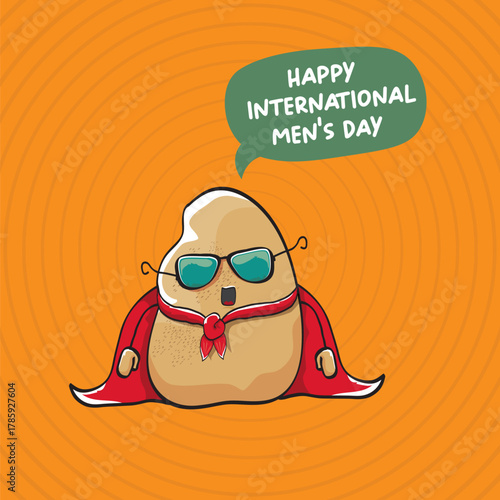 International mens day vector cartoon greeting card with funny cartoon cute brown super hero potato with red hero cape and mask on orange pattern background. Celebrating Men and Boys square banner