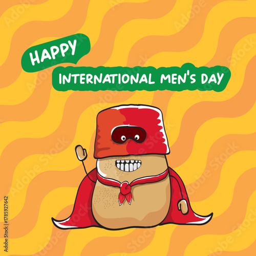 International mens day vector cartoon greeting card with funny cartoon cute brown super hero potato with red hero cape and mask on orange pattern background. Celebrating Men and Boys square banner