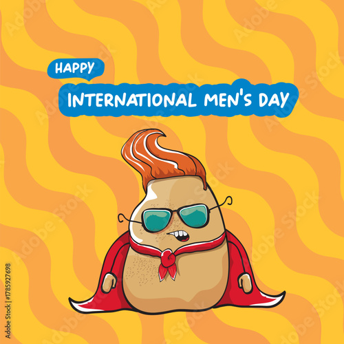 International mens day vector cartoon greeting card with funny cartoon cute brown super hero potato with red hero cape and mask on orange pattern background. Celebrating Men and Boys square banner
