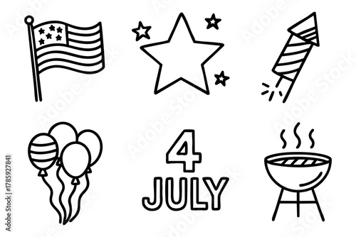 USA Independence Day icons and symbols doodle style. Vector stock illustration