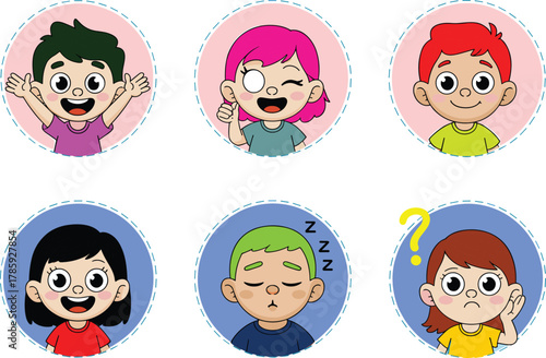 Cute cartoon kids avatar set, happy children facial expressions illustration, boy and girl emoji icons showing various emotions vector