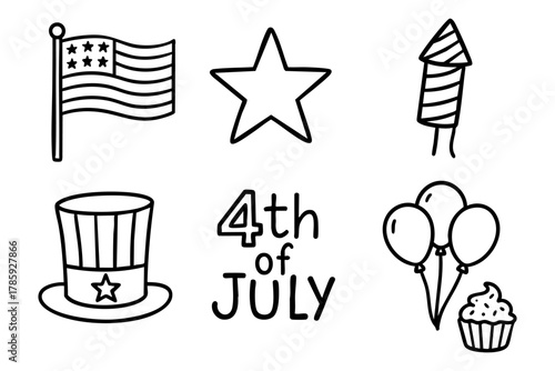 USA Independence Day icons and symbols doodle style. Vector stock illustration