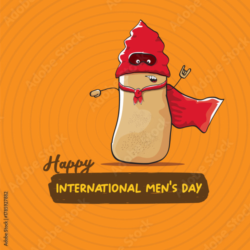 International mens day vector cartoon greeting card with funny cartoon cute brown super hero potato with red hero cape and mask on orange pattern background. Celebrating Men and Boys square banner