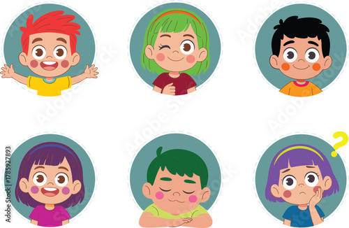 Cute cartoon kids avatar set, happy children facial expressions illustration, boy and girl emoji icons showing various emotions vector